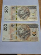 Banknoty 2 x 200zł. Fajne numery 200zł. NOWE !