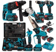 Zestaw 6w1, 3 baterie, szlifierka, wkrętarka, piła, młotowiertarka