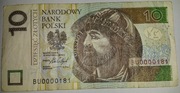 10 złotych 2016 seria BU niski numer 0000181