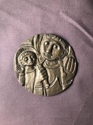 Święty Józef i Jezus płaskorzeźba medal 8cm mosiądz