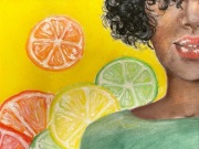 Rysunek pastelowy Kobieta i cytrusy