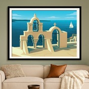 Grecja - Santorini - Dzwony, morze i łódź -  Dekoracja retro - 60x40cm 