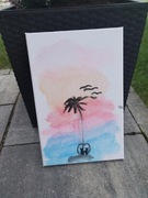 Obraz na płótnie 30x20 cm., dwa koty palma zachód słońca akwarela