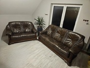 Piękny zestaw skórzany na dębowym stelażu 3+2