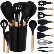PRZYBORY KUCHENNE SILIKONOWE ZESTAW 12 ELEMENTÓW Z DREWNIANYMI RĄCZKAMI 