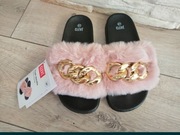 Nowe klapki z futerkiem Glamour złoty łańcuch 37