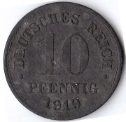 NIEMCY 10 fenigów 1919 , KM# 26, VF