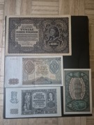 Zestaw bankntów polskich marki 1919 - 1000, 10 oraz 100 zł, 20 zł 1941