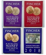 Katalogi monet polskich Fischer 2012, 2017, 2018 + banknotów 2018