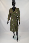 Ted Baker sukienka kopertowa vintage z długim rękawem, kwiaty oliwka L/40