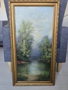 Pejzaż olejny w złotej ramie-Vintage PRL