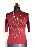 Włoska burgundowa sweterkowa bluzka cekiny koraliki kamienie vintage S/M