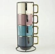 ZESTAW KUBKÓW CERAMICZNYCH 320ML 4 SZT KOLOROWE KUBKI NA METALOWYM STOJAKU