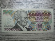 BANKNOT RP 2 MILIONY 2000000 ZŁOTYCH Z BŁĘDEM 1992 ROK SERIA A UNC