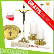 ZŁOTY KOMPLET KOLĘDOWY Metalowy - Krzyż Świeczniki Kropidło Miska na Kolędę