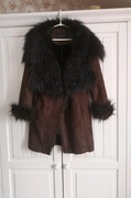 Zara sztuczny brązowy czekoladowy kożuch płaszcz z futerkiem sztuczny zamsz