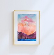 Akwarela A4 "Pastelowa pełnia księżyca nad górami", ręcznie malowany, róż