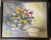 OBRAZ z martwą naturą kwiaty w wazonie autograf olej płótno stary 1983 rok