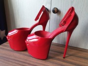 JUBILANT-15 Red Patent Slim 7" Concealed Platform  Strap Sandal