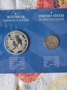 1 oz. srebroAustralia kookaburra  1 dolar + USA 1/ 4 dolar; szt.2. 1999 rok