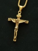 Naszyjnik krzyż z Jezusem , wisiorek z  łańcuszkiem - retro gold 