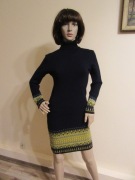 VETA granatowa sukienka z golfem wzory 100% wełna _ S