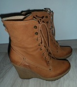 KOZAKI BRĄZ BEŻ WIĄZANE KOTURN 39 LASOCKI skórzane