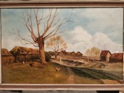 Stary sygnowany obraz olejny na płótnie 1950 Krajobraz wejski Pejzaż