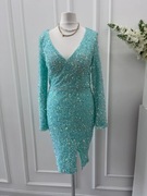 Sukienka miętowa zdobiona cekinami z koralikami na plecach wesele 40 L