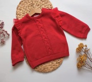 Sweterek czerwony 98 bawełniany z falbankami szerokie rękawy sweter tiul 