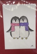 Kartka okolicznościowa ręcznie malowana pingwinki walentynki