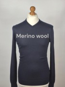Sweter H&M S granatowy merino wool V-neck wełna premium old money casual