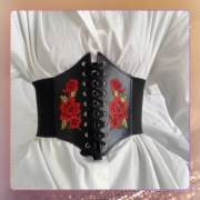 Pasek szeroki guma pas gorset czarny z haftem