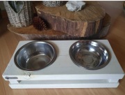 miska podwójna dla psa, na drewnianym stojaku, psi bar