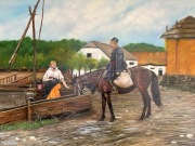 Piękny obraz olejny na PRZEZENT "Przy studni" wg Józef Brandt 65x90 cm