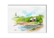 Akwarela ręcznie malowana "Pejzaż górski" młyn wodny + rama