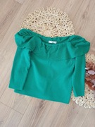 zielony morski sweterek mango z 3/4 rękawem 38M falbanka dekolt bluzka