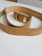 Vintage pasek skóra naturalna złota metalowa klamra 