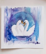 Obrazek akwarelowy 15 x 15 cm zakochane łabędzie prezent dla niej 