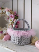 Koszyczek wielkanocny szydełkowy szary różowy dla dziewczynki nowy 