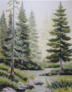 PEJZAŻ RĘCZNIE MALOWANE AKRYLOWY "W CIEMNYM GAJU" - 30x24cm