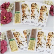 Podziękowania dla gości komunijnych bileciki MERCI chłopiec