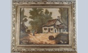 Obraz olejny, wiejska chata wśród drzew, A. Gramatyka 038