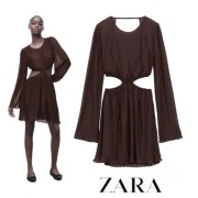 Zara Sukienka mini, wycięcia, plisowanie, brązowa r. M/38