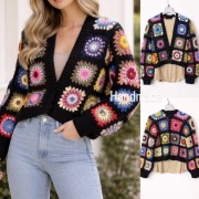Kardigan sweter hamdmade czarny kwadraty babci one size