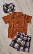 Komplet chłopięcy koszula kapelusz szorty krótkie spodenki w kratę rozm 130