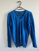 Niebieski granatowy cienki sweter na długi rękaw dekolt trójkątny w serek