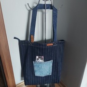 Szmacianka z kotem-ekotorba zakupowa z jeansu-zapinana na zamek-rękodzieło