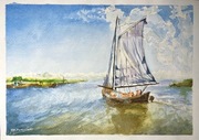 Pejzaż marynistyczny, żaglówka, morze, akwarela A4