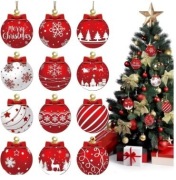 12 szt./zestaw Czerwono-białe drewniane bombki choinkowe